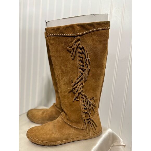 UGG Australia Mammoth Fringe Tall Suede Boots Chestnut Brown 8.5 Boho Y2K Rare - Picture 1 of 7